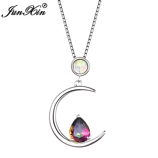 Sterling Silver White Simulated Opal & Rainbow Crystal Crescent Moon Necklace