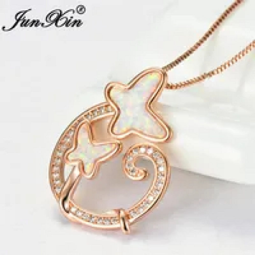 Rose Gold-Tone White Simulated Opal Butterfly Necklace