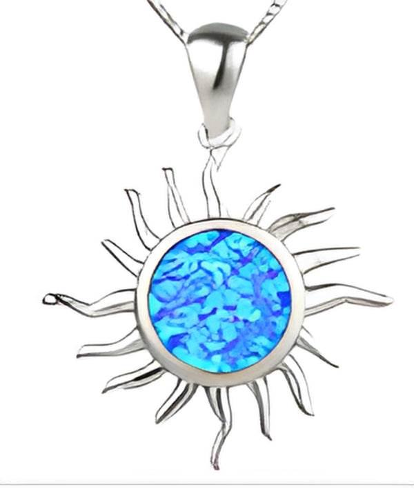 Silver-Tone Blue Simulated Opal Round Center Sun Pendant Necklace