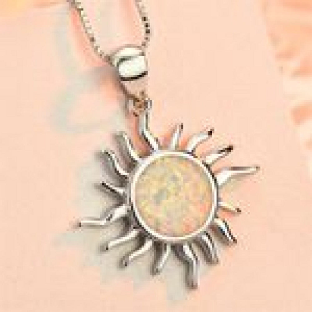 Sterling Silver White Simulated Opal Sun Necklace