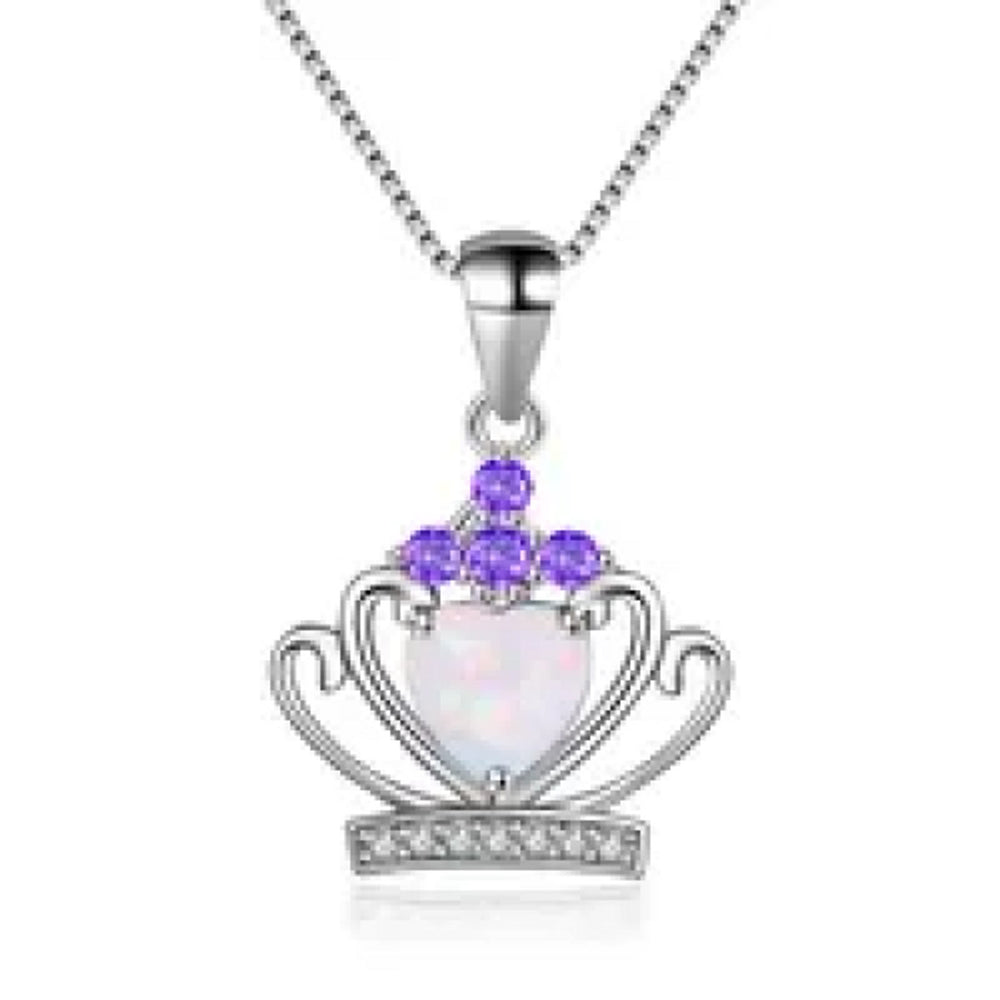Silver-Tone White Simulated Opal Crown Pendant Necklace