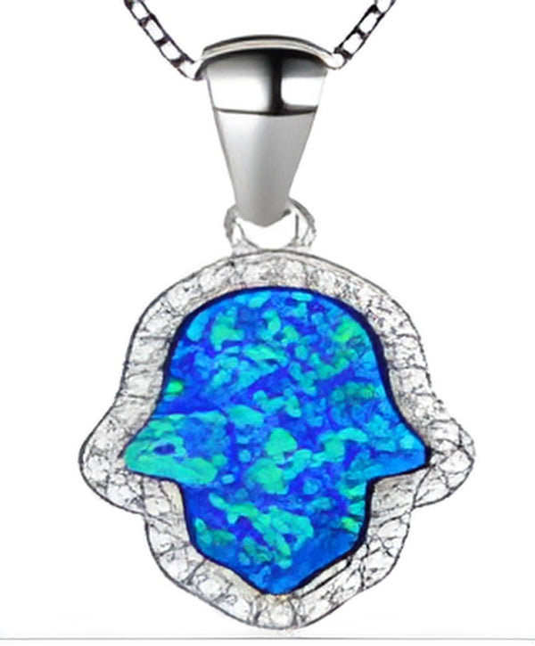 Silver-Tone Blue Simulated Opal Inlay Hamsa Hand Crystal Pendant Necklace