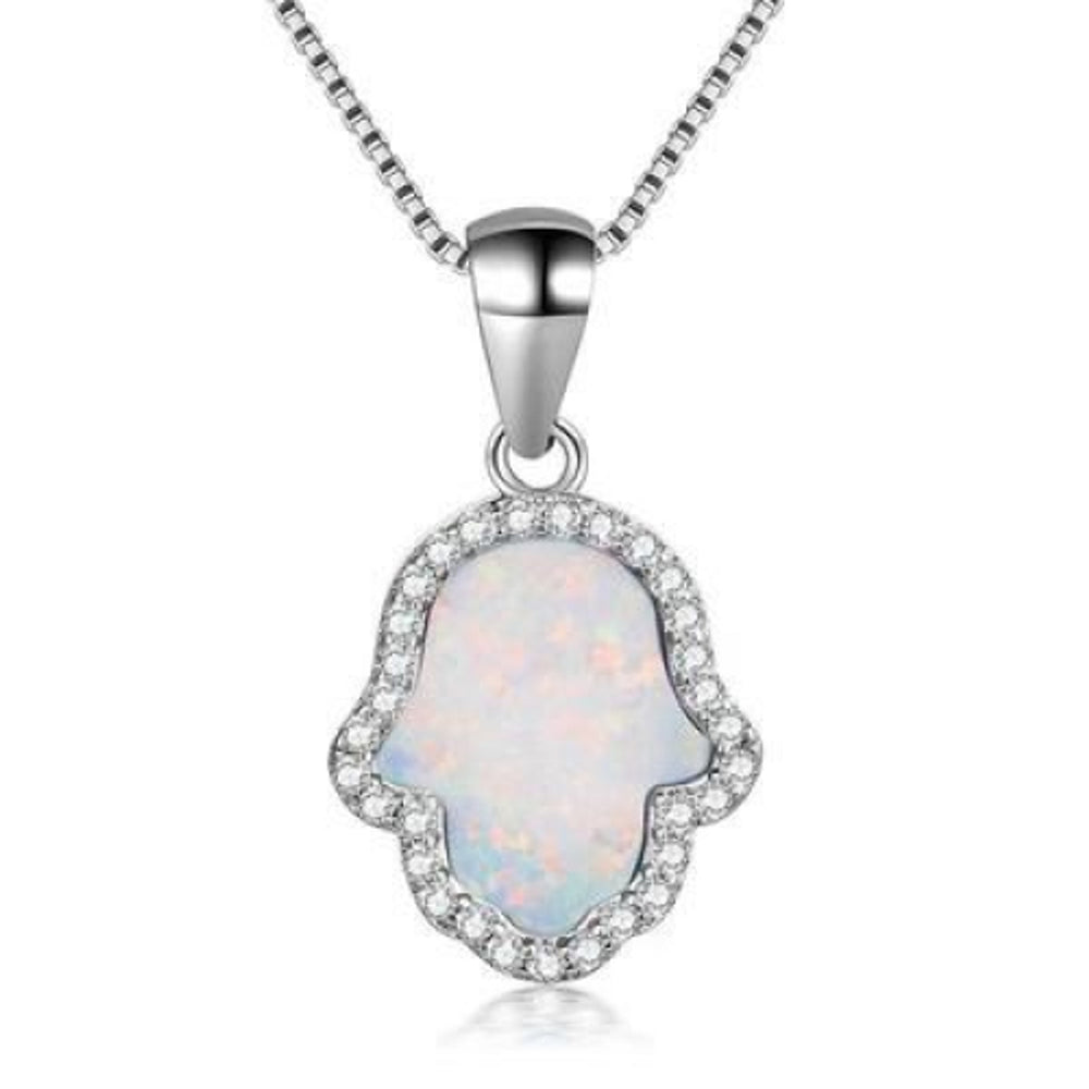 Silver-Tone White Simulated Opal Palm Necklace