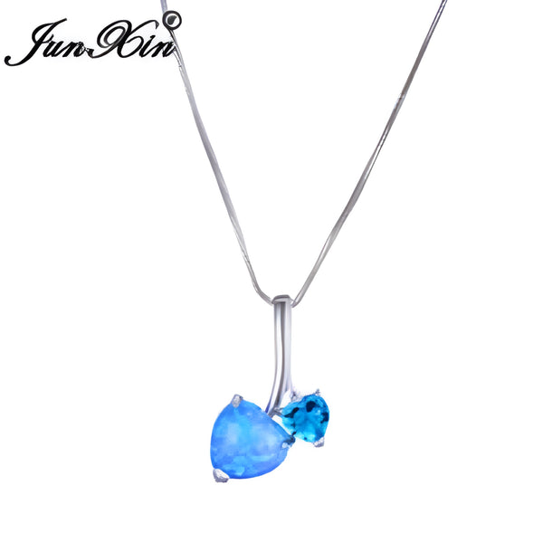 Silver-Tone Blue Simulated Opal Double Heart Drop Pendant Necklace