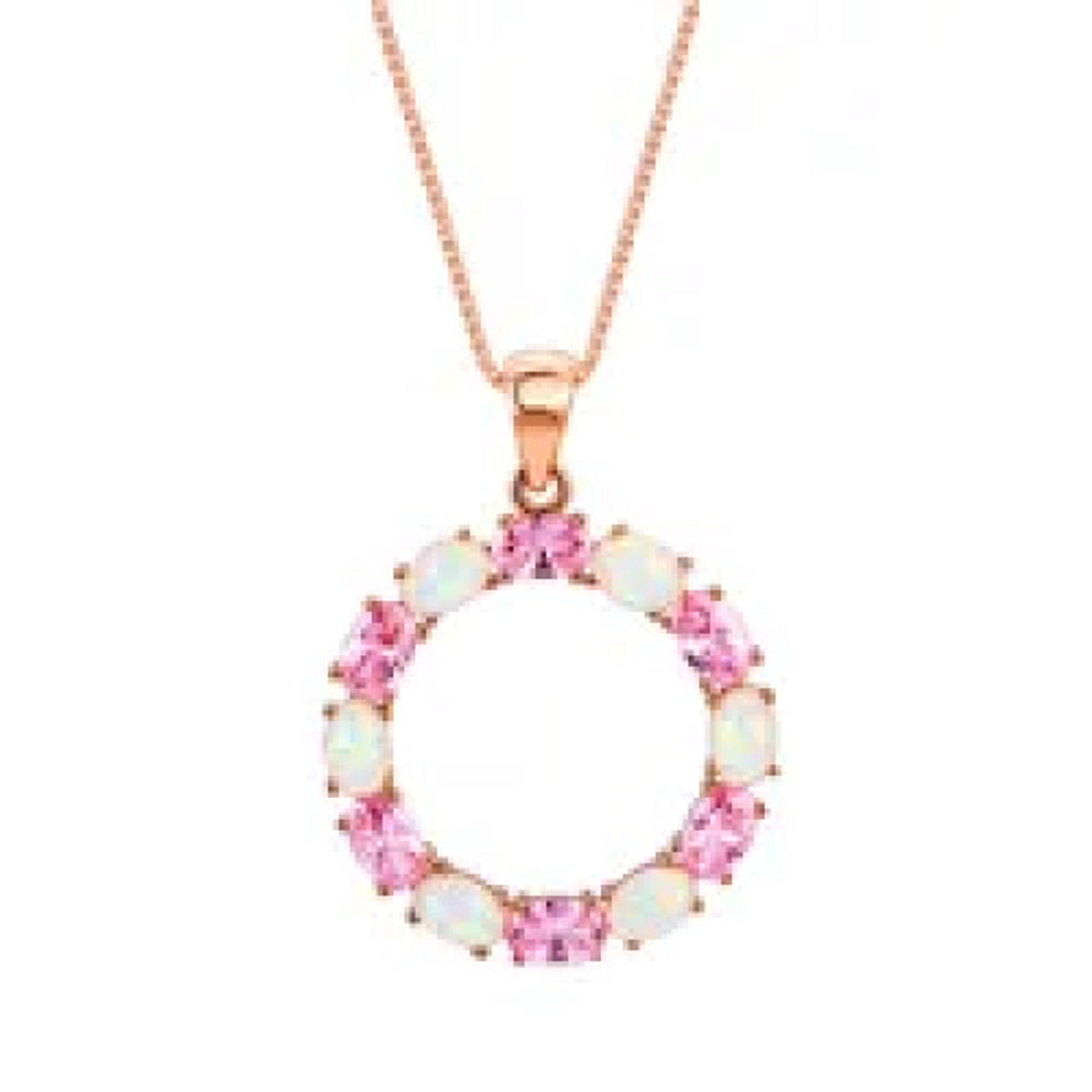 Rose Gold-Tone White Oval Simulated Opal Circle Necklace