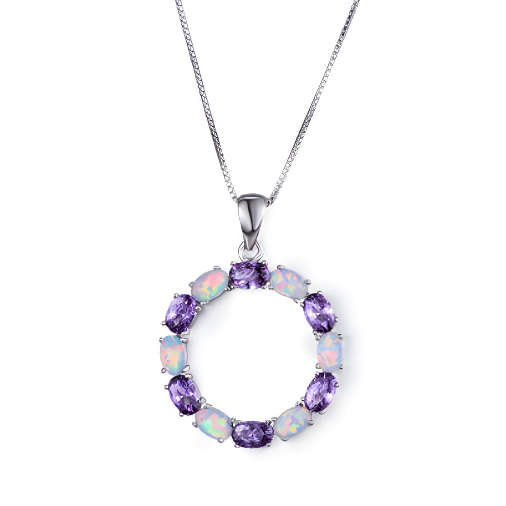 Silver-Tone White Simulated Opal & Purple Crystal Circle Necklace