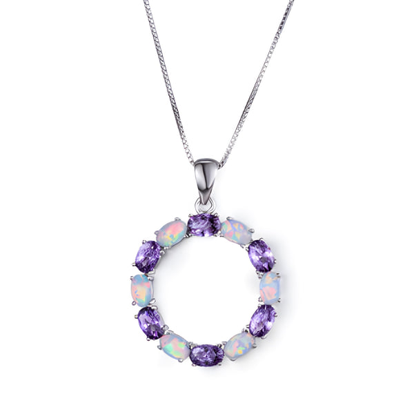 Silver-Tone White Simulated Opal & Purple Crystal Circle Necklace