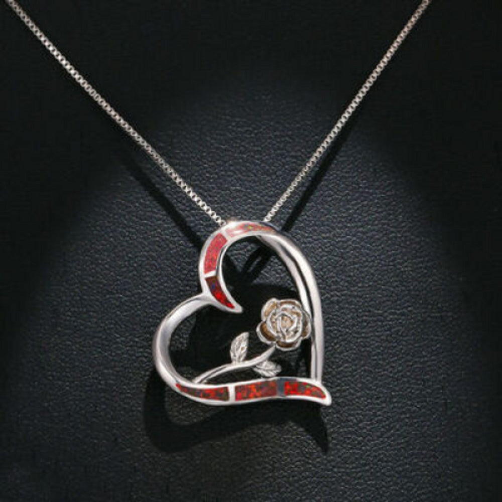 Silver-Tone Orange Simulated Opal Rose Necklace