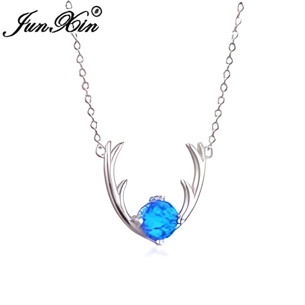 Silver-Tone Round Blue Simulated Opal Elk Antler Branch Necklace