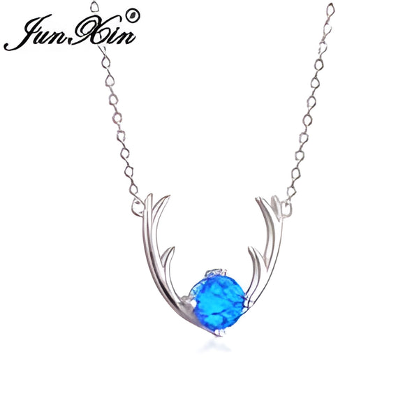 Silver-Tone Round Blue Simulated Opal Elk Antler Branch Necklace