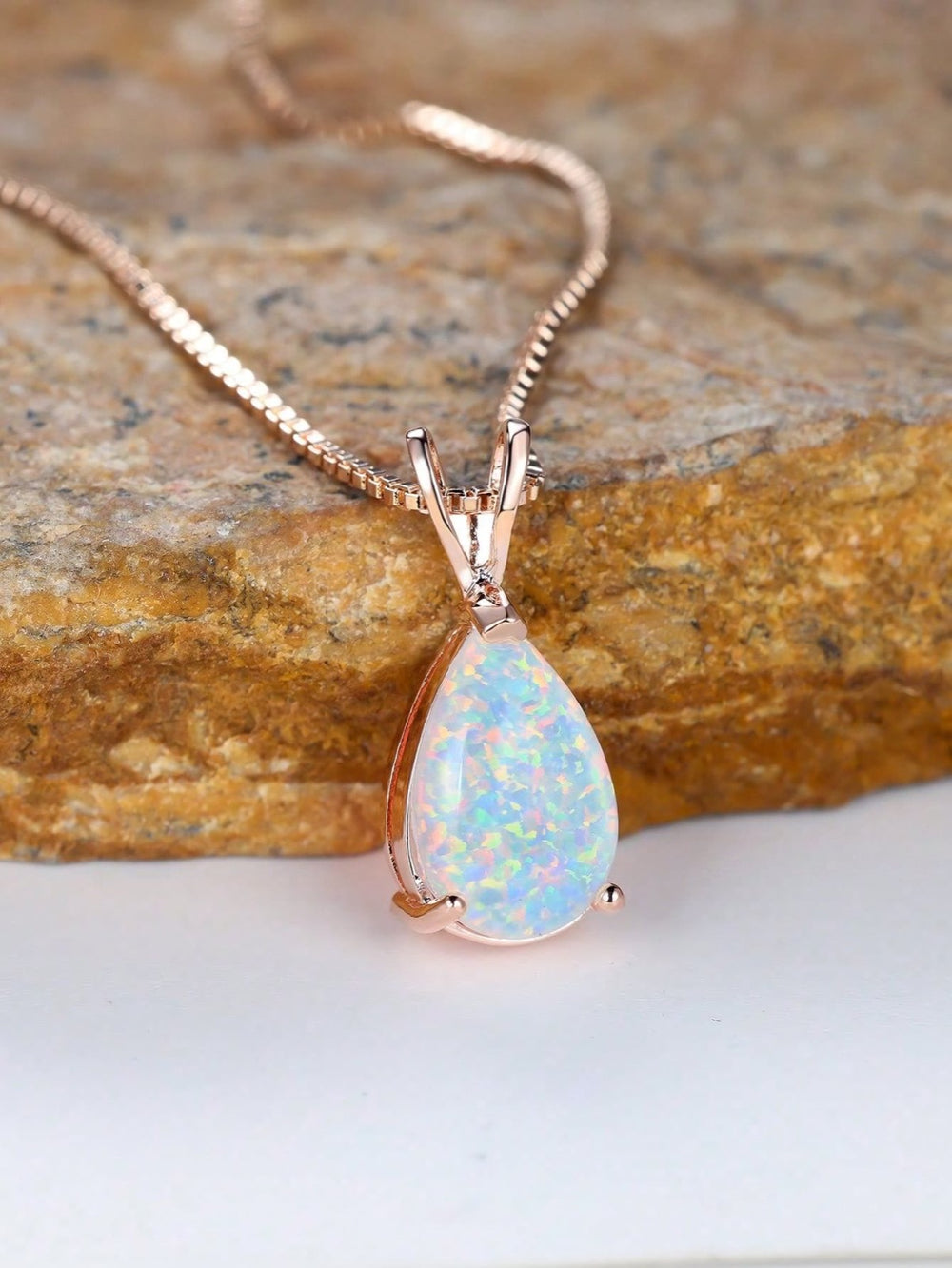 Rose Gold-Tone Teardrop White Simulated Opal Pendant Necklace