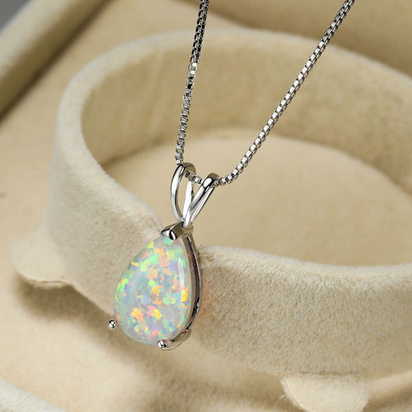 Silver-Tone Teardrop White Simulated Opal Solitaire Pendant Necklace