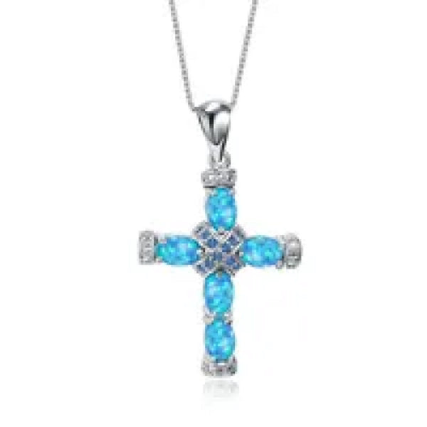 Silver-Tone Blue Crystal Cross Necklace