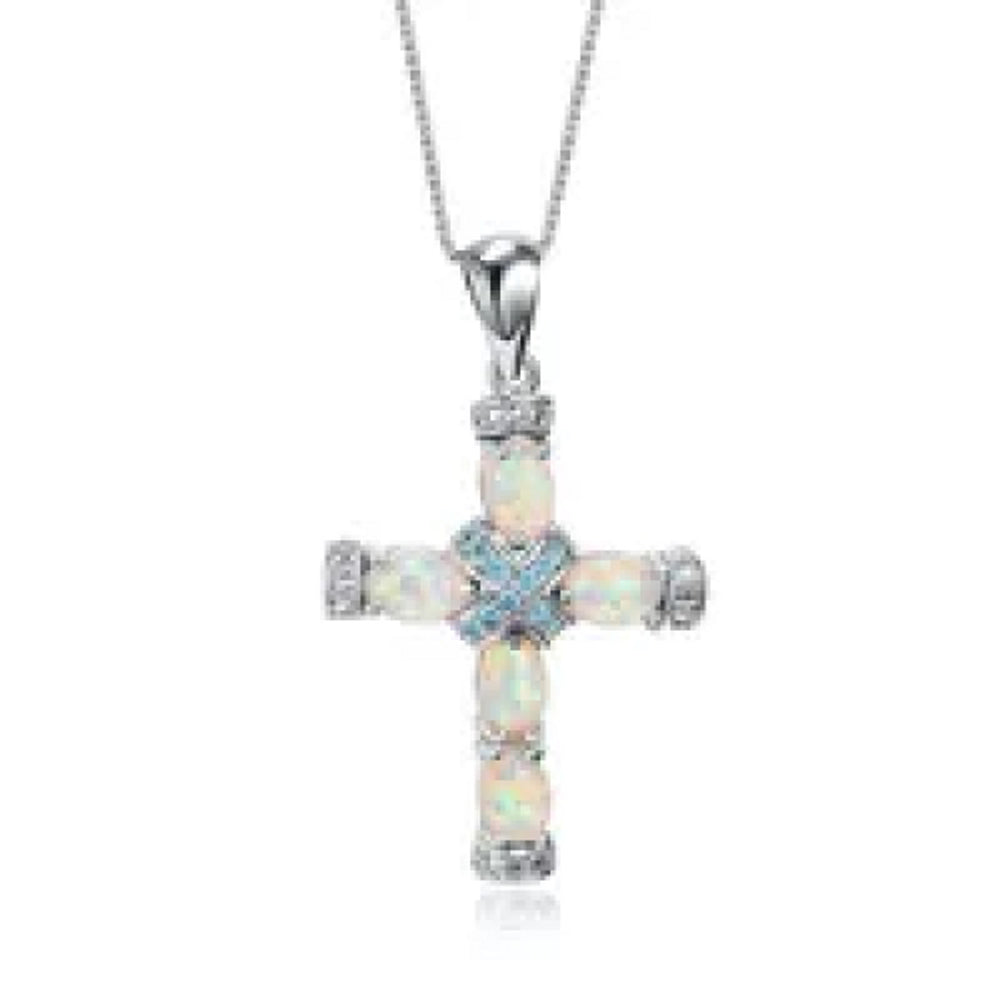 Silver-Tone Blue Crystal Cross Necklace