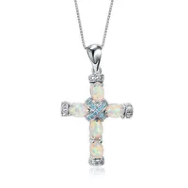 Silver-Tone Blue Crystal Cross Necklace