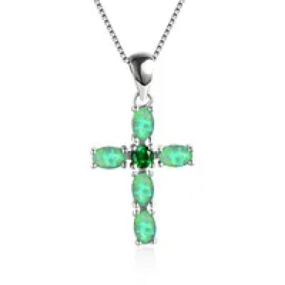 Silver-Tone Single-Stone Green Crystal Cross Necklace