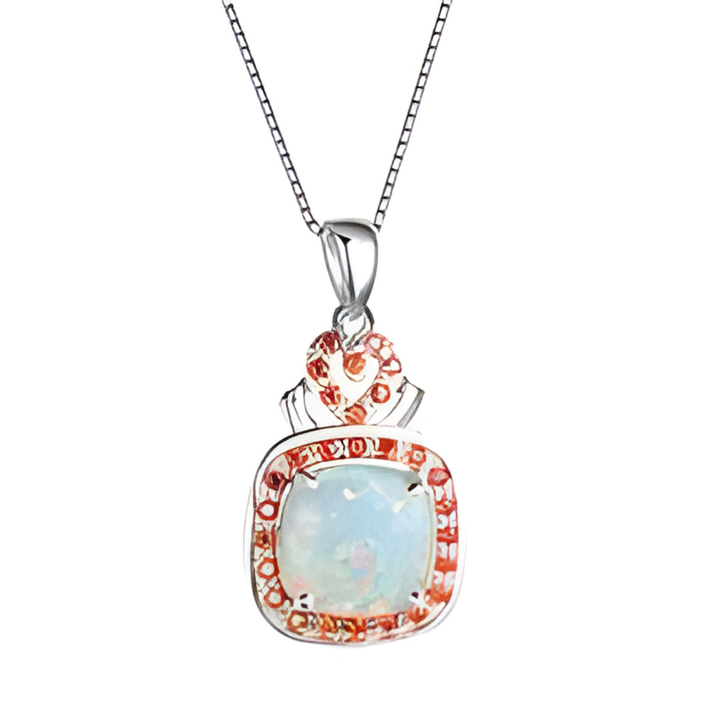 Silver-Tone White Simulated Opal & Orange Crystal Halo Pendant Necklace