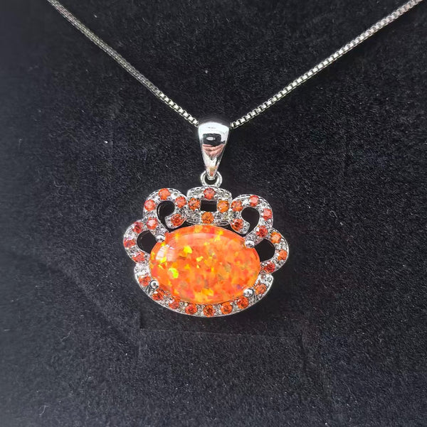 Silver-Tone Orange Simulated Opal & Orange Crystal Crab-Frame Pendant Necklace