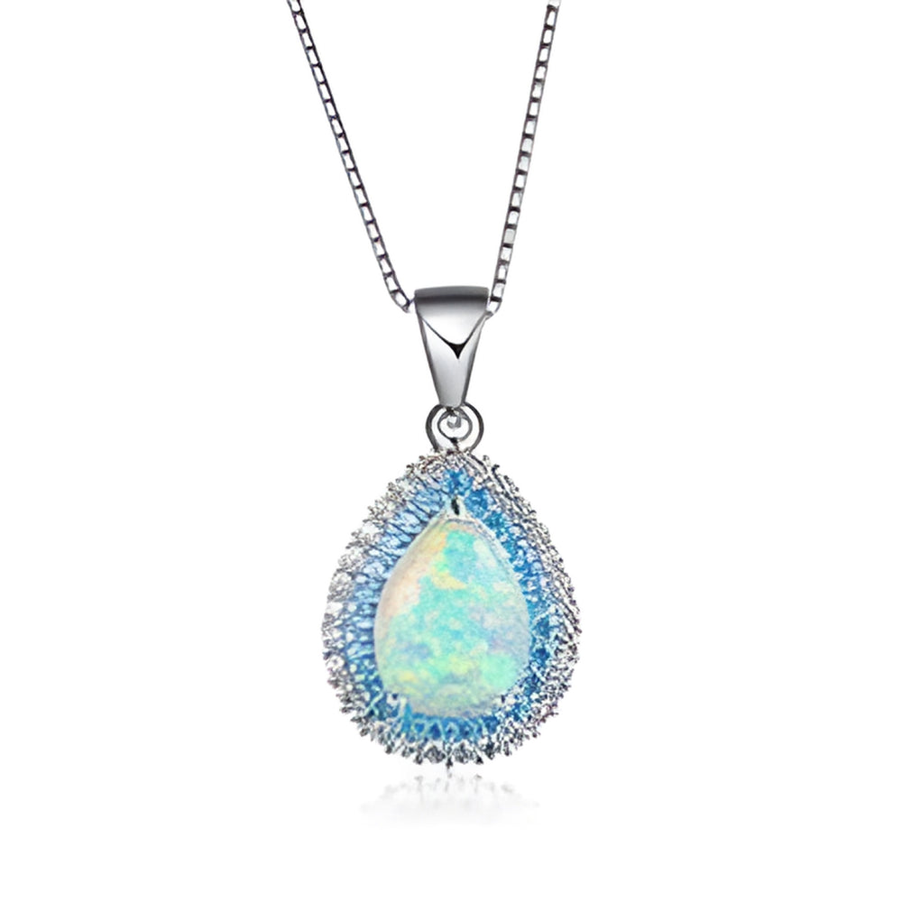 Silver-Tone White Simulated Opal Teardrop Blue Crystal Halo Pendant Necklace