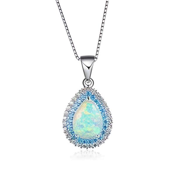 Silver-Tone White Simulated Opal Teardrop Blue Crystal Halo Pendant Necklace