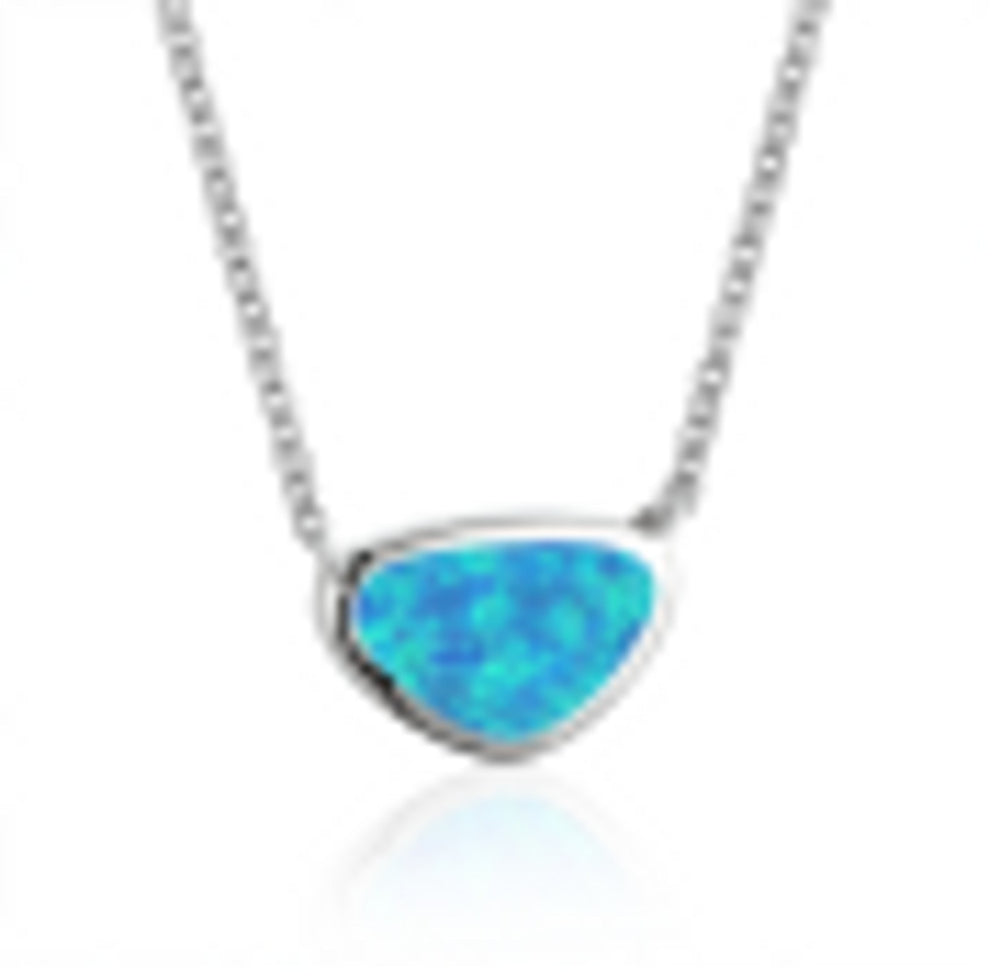 Silver-Tone Blue Simulated Opal Triangle Necklace