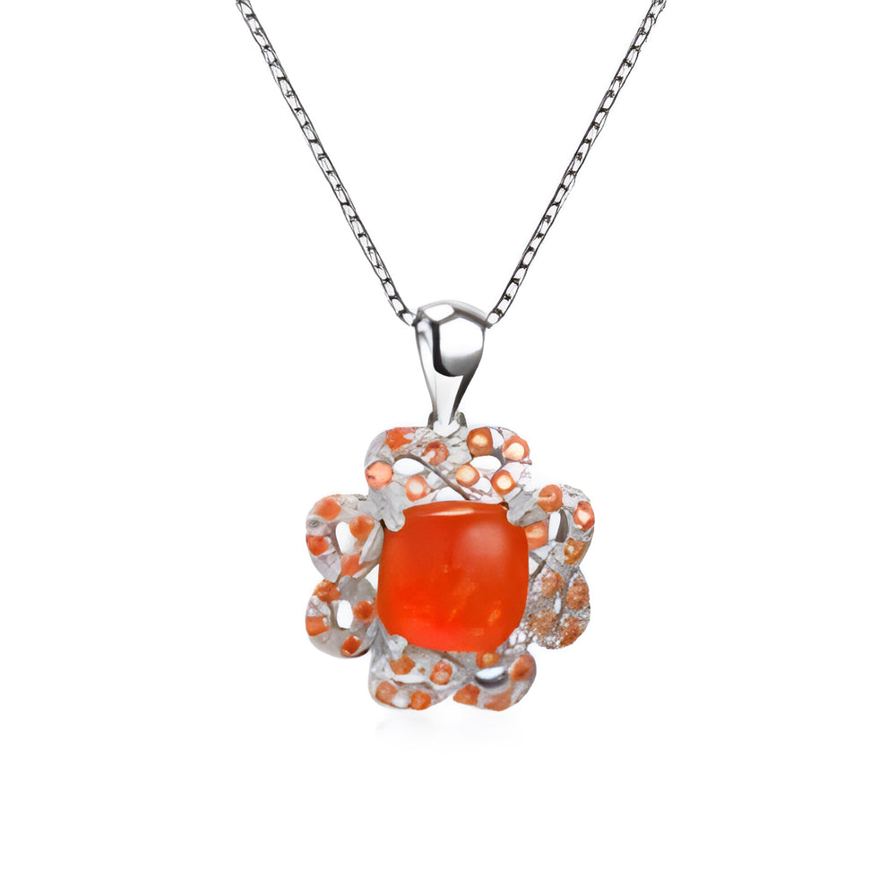 Silver-Tone Orange Simulated Opal & Orange Crystal Openwork Flower Necklace