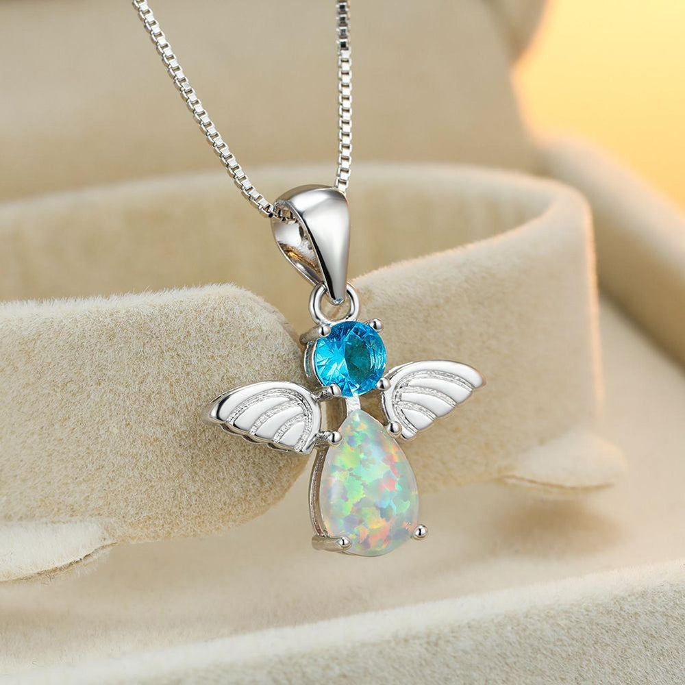 Silver-Tone Blue Crystal Angel Necklace