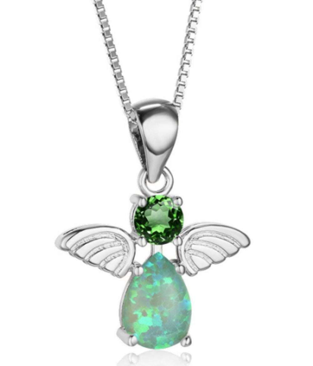 Silver-Tone Green Crystal Angel Necklace