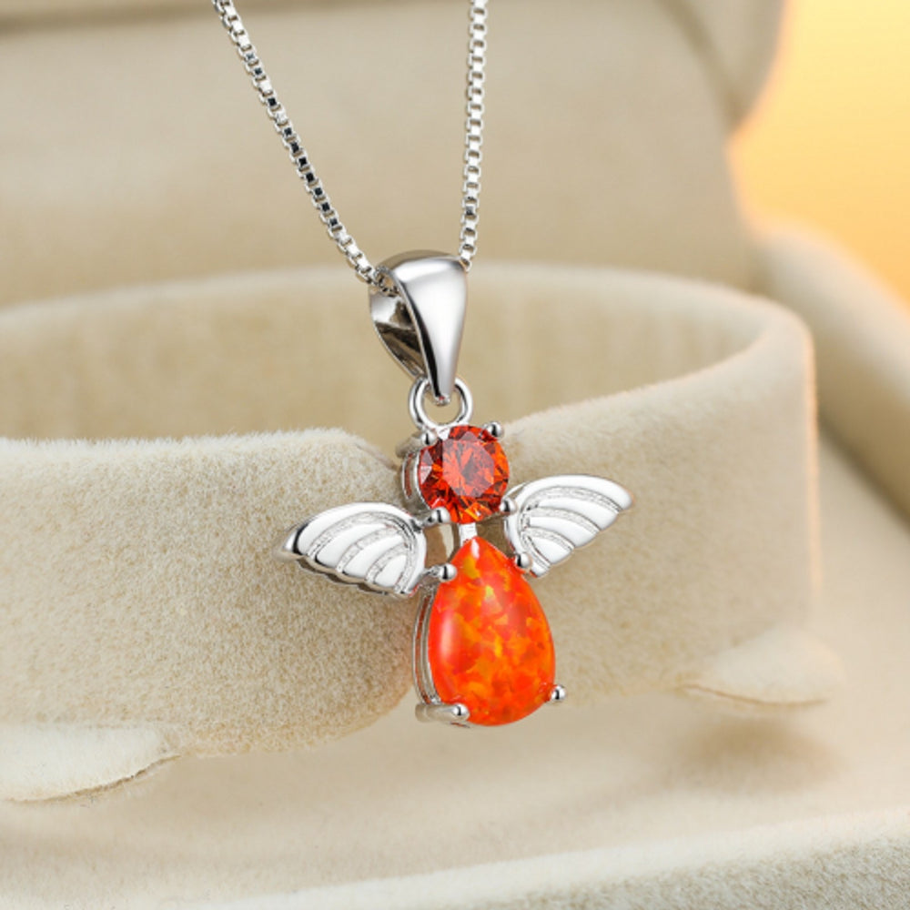 Silver-Tone Orange Crystal Angel Necklace