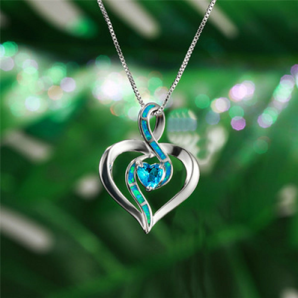 Silver-Tone Aqua Heart Crystal Necklace
