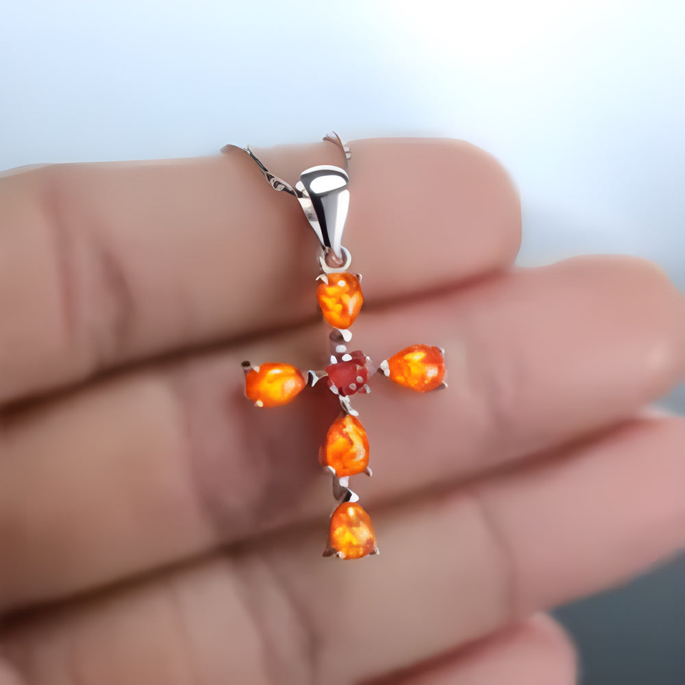 Silver-Tone Orange Simulated Opal Cross Pendant Necklace With Red Crystal Center