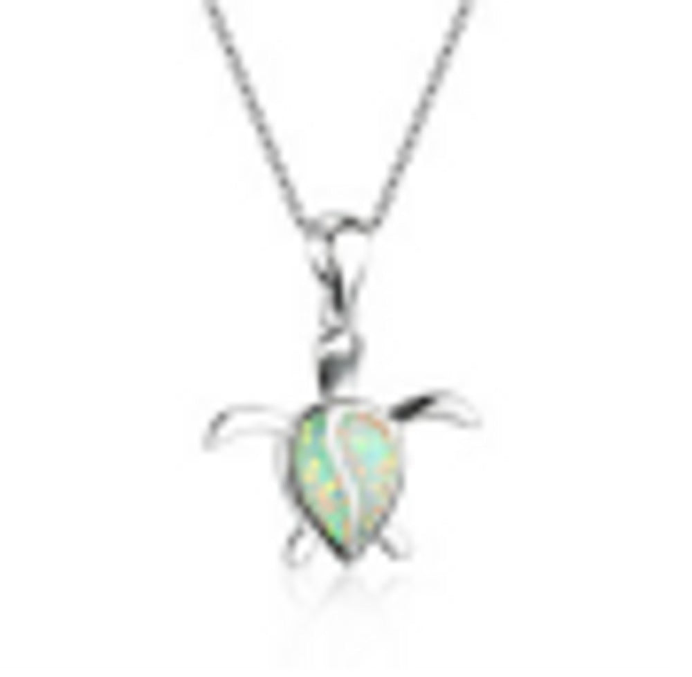 Silver-Tone White Simulated Opal Turtle Necklace