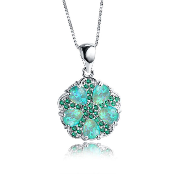 Silver-Tone Green Simulated Opal Five-Petal Flower Crystal Pendant Necklace