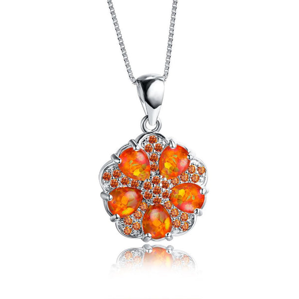 Silver-Tone Orange Simulated Opal Five-Petal Flower Crystal Pendant Necklace