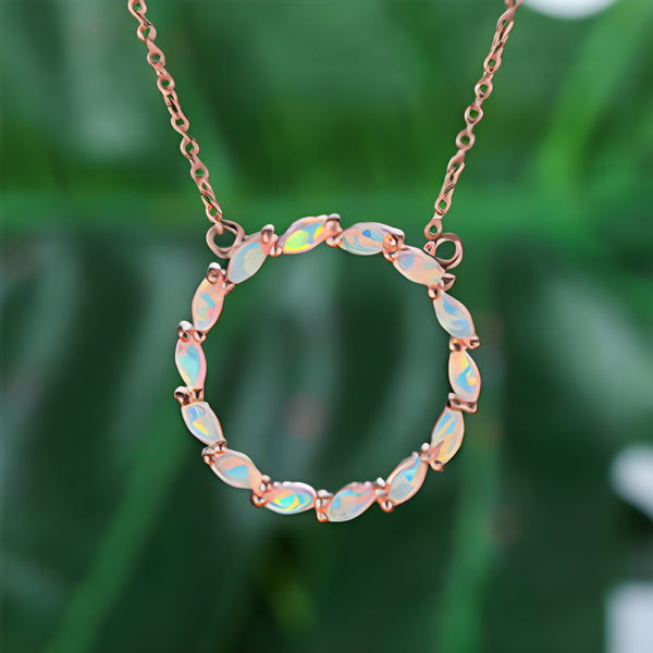 Rose Gold-Tone White Simulated Opal Marquise Eternity Circle Pendant Necklace