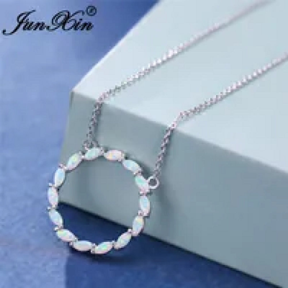 Silver-Tone White Simulated Opal Circle Necklace