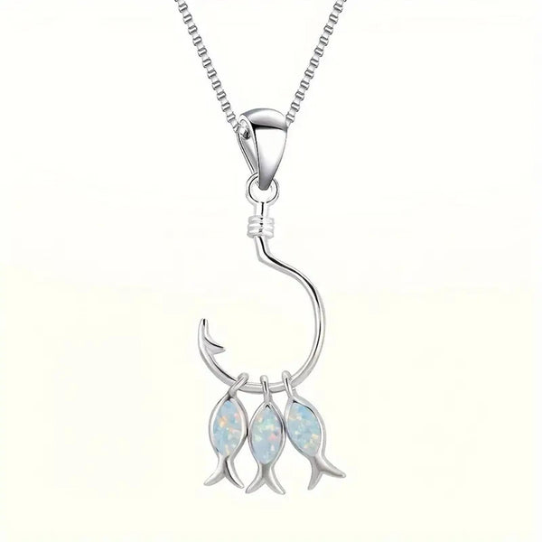 Silver-Tone White Simulated Opal Fish Necklace