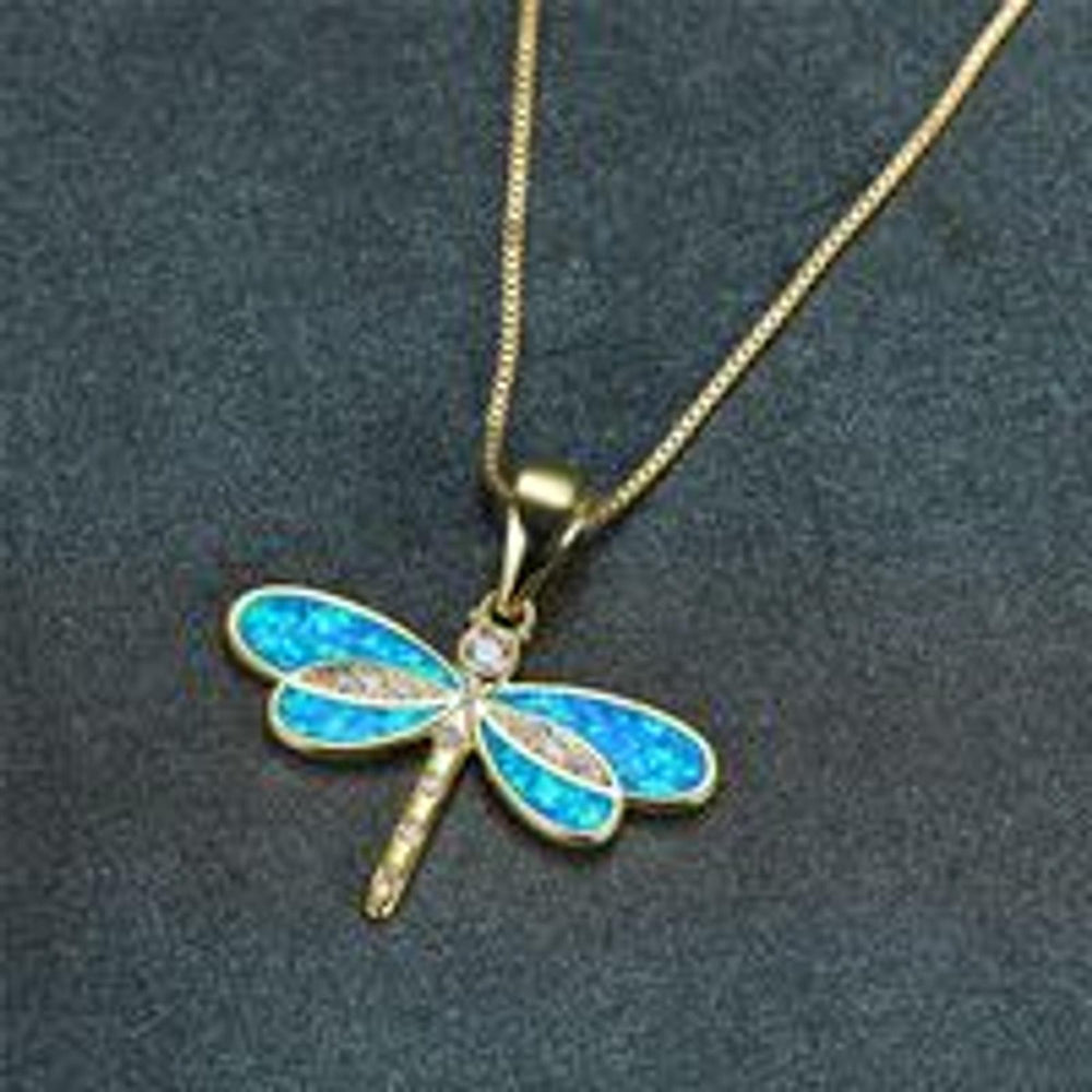 Gold-Tone Blue Simulated Opal Dragonfly Necklace