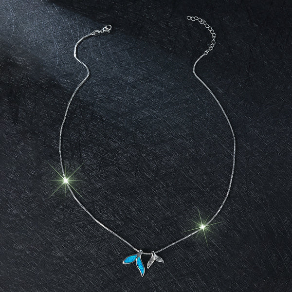 Silver-Tone Blue Simulated Opal Double Mermaid Tail Necklace