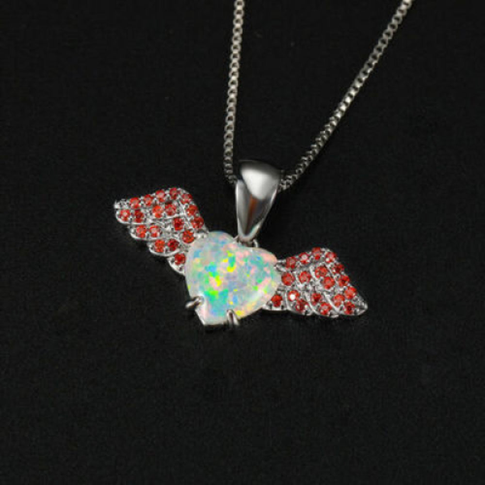 Silver-Tone White Simulated Opal Heart Orange Crystal Wings Necklace