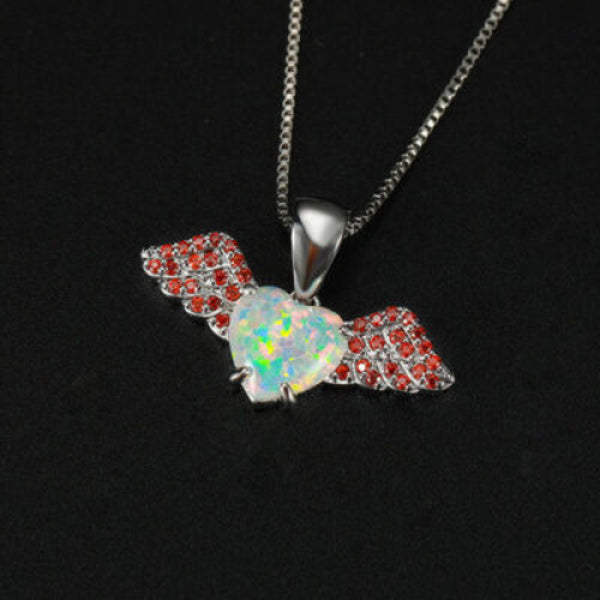 Silver-Tone White Simulated Opal Heart Orange Crystal Wings Necklace
