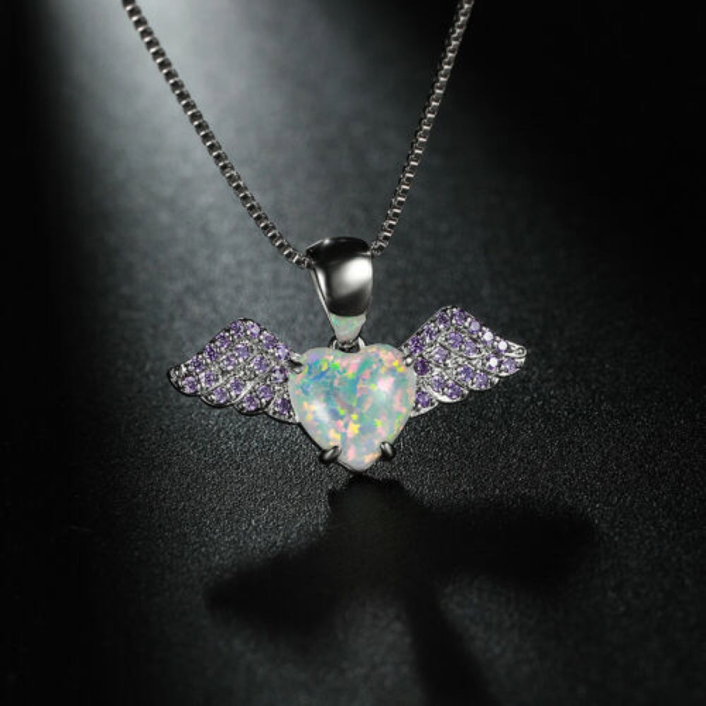 Silver-Tone White Simulated Opal Heart Purple Crystal Wings Necklace