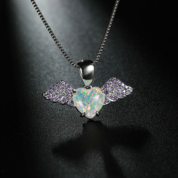 Silver-Tone White Simulated Opal Heart Purple Crystal Wings Necklace