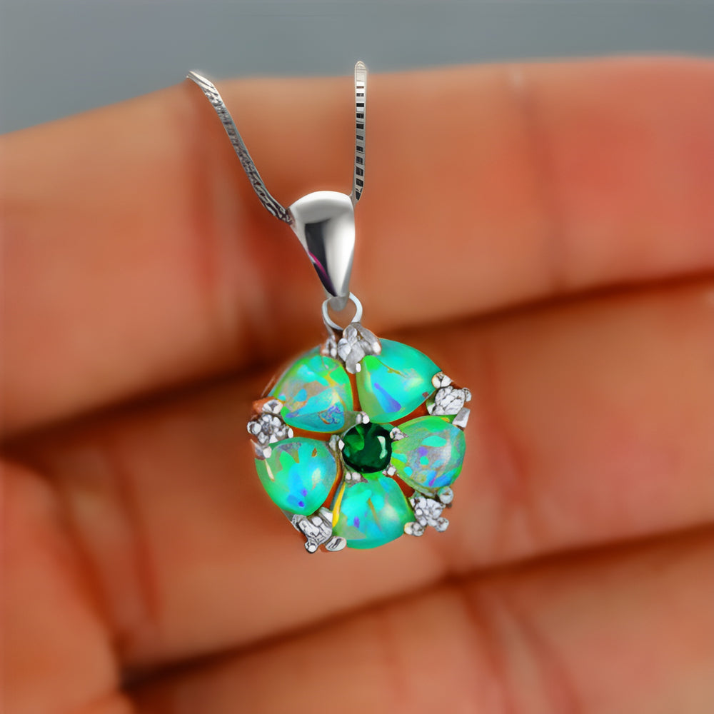 Silver-Tone Green Simulated Opal Five-Petal Flower Pendant Necklace