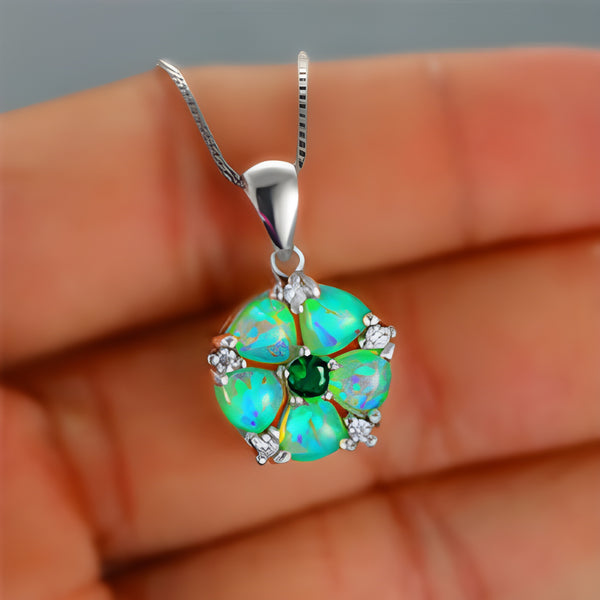 Silver-Tone Green Simulated Opal Five-Petal Flower Pendant Necklace