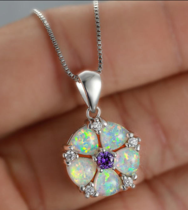 Silver-Tone White Simulated Opal Purple Crystal Flower Necklace