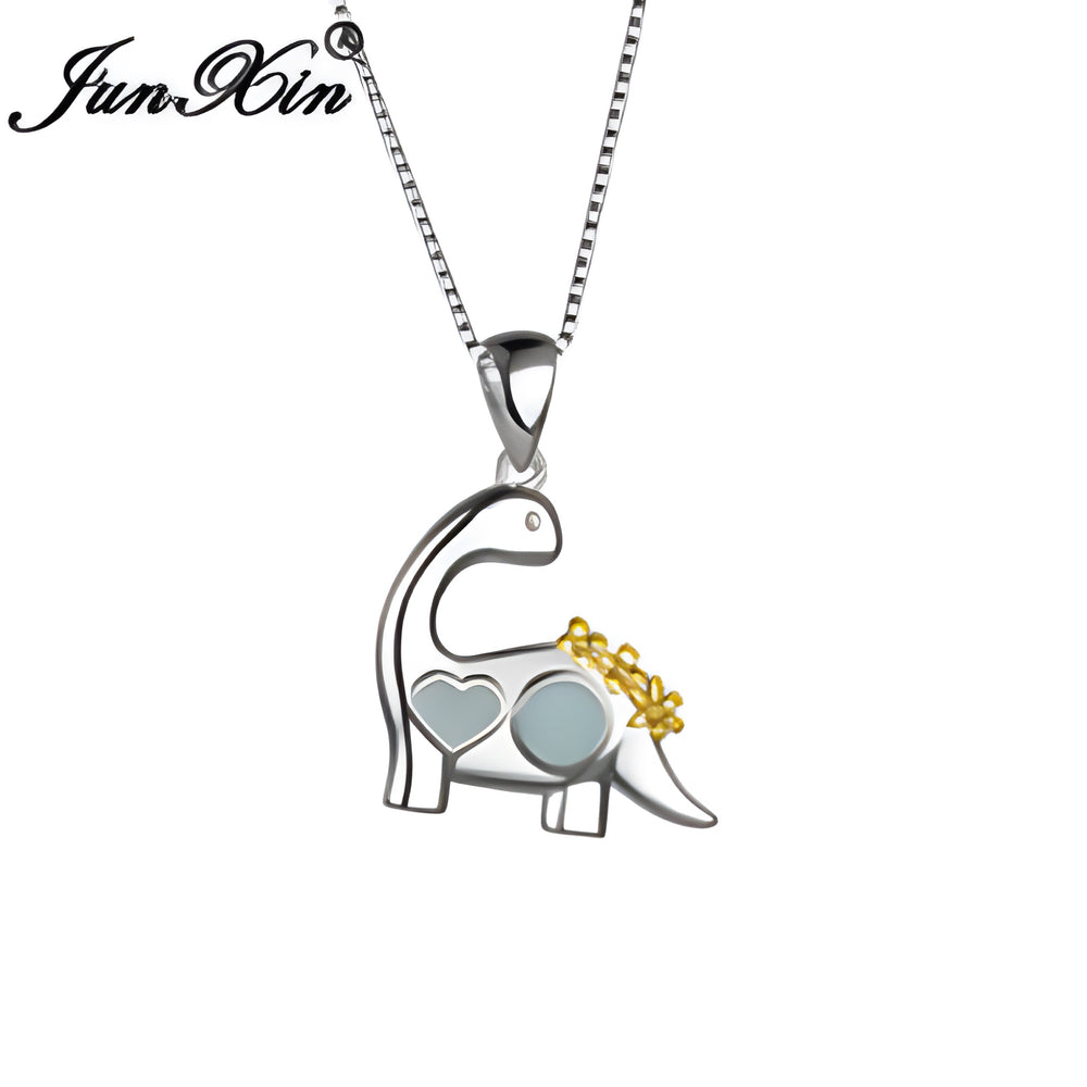 Silver-Tone White Simulated Opal Baby Dinosaur Pendant Necklace