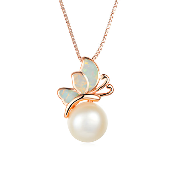 Rose Gold-Tone White Simulated Opal Butterfly & Simulated Pearl Pendant Necklace