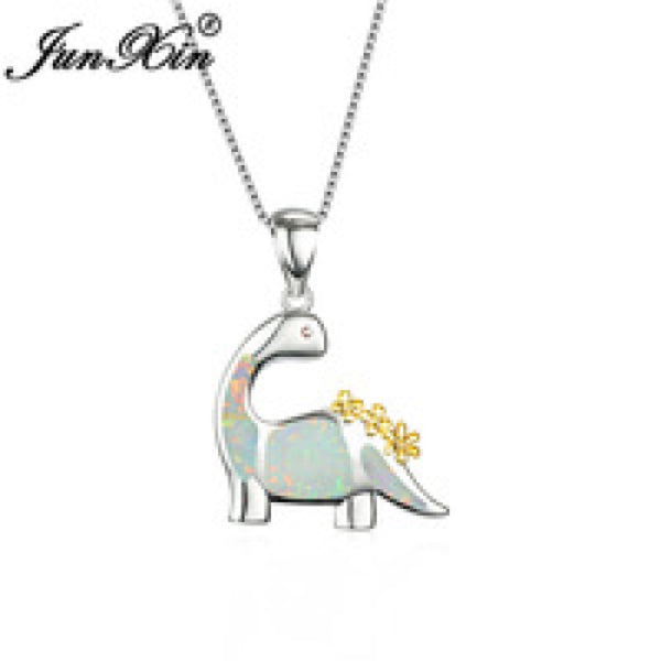 Silver-Tone White Simulated Opal Dinosaur Pendant Necklace With Flowers