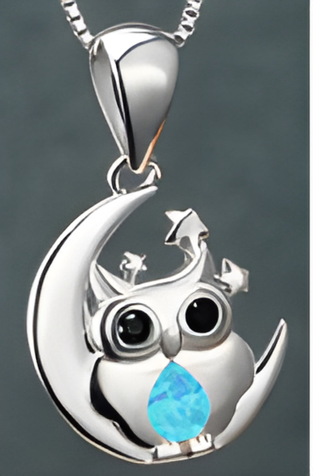 Silver-Tone Owl on Crescent Moon Blue Simulated Opal Pendant Necklace